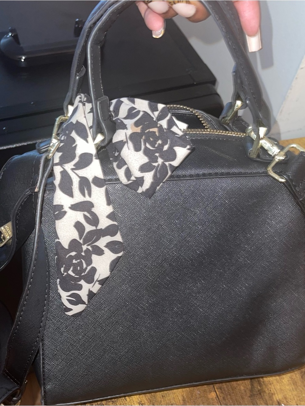 Black Structured Tote Bag with Floral Scarf Accent - Women's Handbag